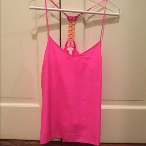 Lilly Pulitzer Pink Silk Dusk Top w/crochet detail